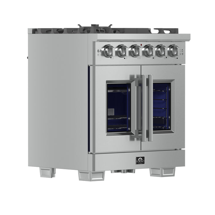 Forno Capriasca 30-Inch Freestanding French Door Gas Range, 4 Burners, Convection Oven, Energy Efficient