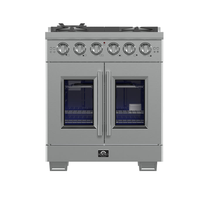 Forno Capriasca 30-Inch Freestanding French Door Gas Range, 4 Burners, Convection Oven, Energy Efficient