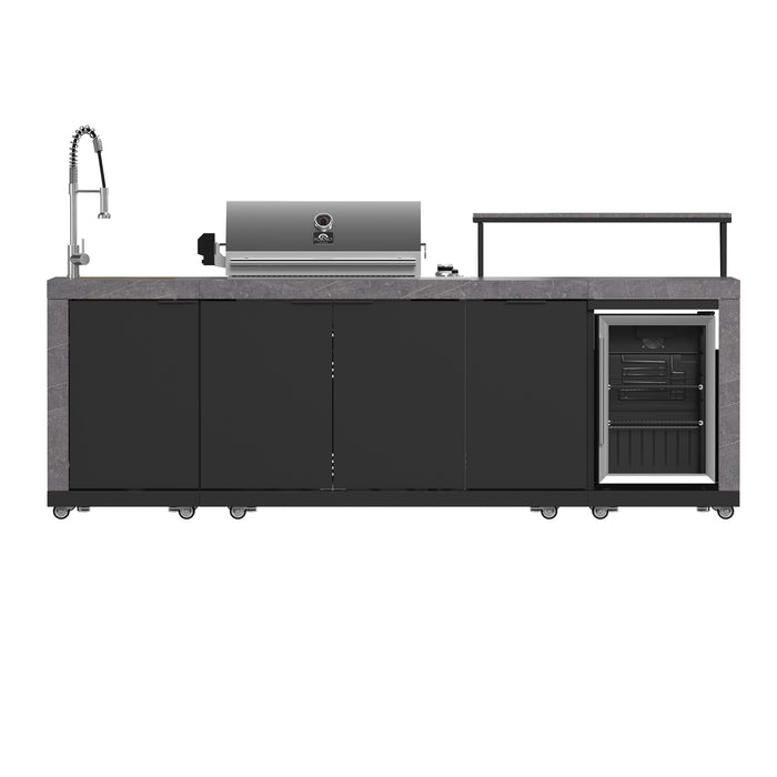 Forno Rimini Outdoor Kitchen 30" BBQ 62,600 BTU, 3 Burners with Sear & Rotisserie, 2.4 cu.ft. Beverage Center, Stainless Steel Sink, Black Cabinets & Gray Sintered Stone Countertop