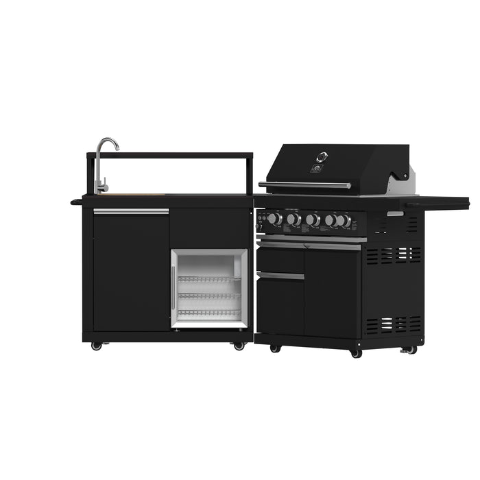 Forno All’Aperto 62,600 BTU BBQ, 3 Stainless Steel Burners, Infrared Burners, Sink Module, Black Sintered Stone Countertops, Bar and Beverage Center