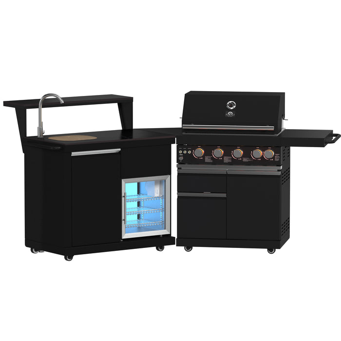 Forno All’Aperto 62,600 BTU BBQ, 3 Stainless Steel Burners, Infrared Burners, Sink Module, Black Sintered Stone Countertops, Bar and Beverage Center