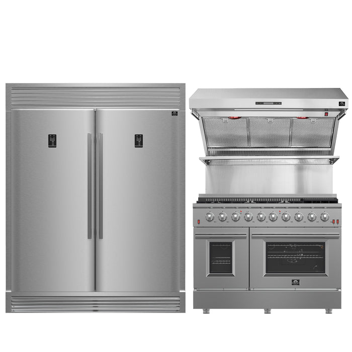 FORNO Premium 3-Piece Kitchen Bundle - FORNO Galiano 48" Freestanding Gas Range, FORNO Rizzuto 60" W. Dual Combo Convertible Refrigerator, FORNO 48" Wall Mount Range Hood - FBDL-018-02US