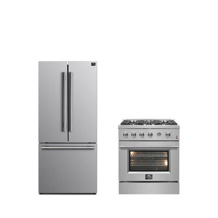 FORNO Premium 2-Piece Kitchen Bundle - Marco 30-inch Gas Range Stainless Steel, Forno Gallipoli 30" French Door Refrigerator with Bottom Freezer 17.5 cu. ft Capacity - FBDL-021-02CAUS