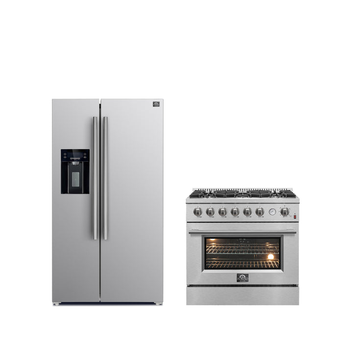 FORNO Premium 2-Piece Kitchen Bundle -Marco 30-inch Gas Range Stainless Steel, Forno Salerno 36" Side by Side Stainless Steel Refrigerator 20 cu.ft - FBDL-021-03CAUS