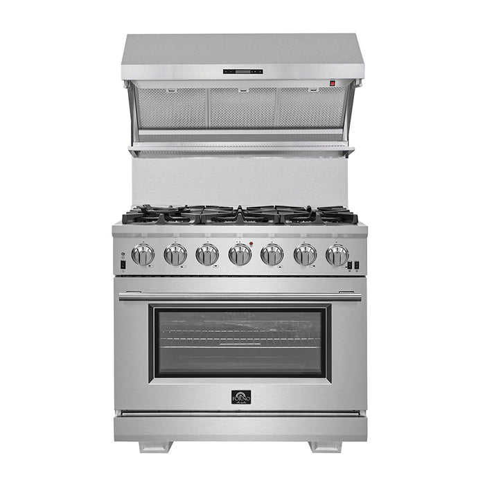 Forno Capriasca 36-Inch Gas Range, Stainless Steel, 6 Brass Burners, 120,000 BTU, Convection Oven, Energy Efficient