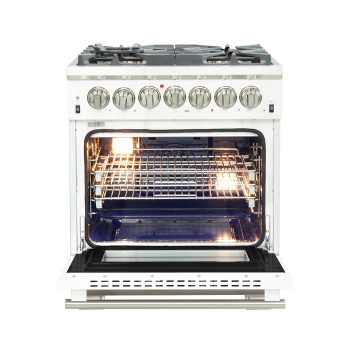 Forno Capriasca 30-Inch Freestanding Dual Fuel Range, 4 Burners, True Convection Oven