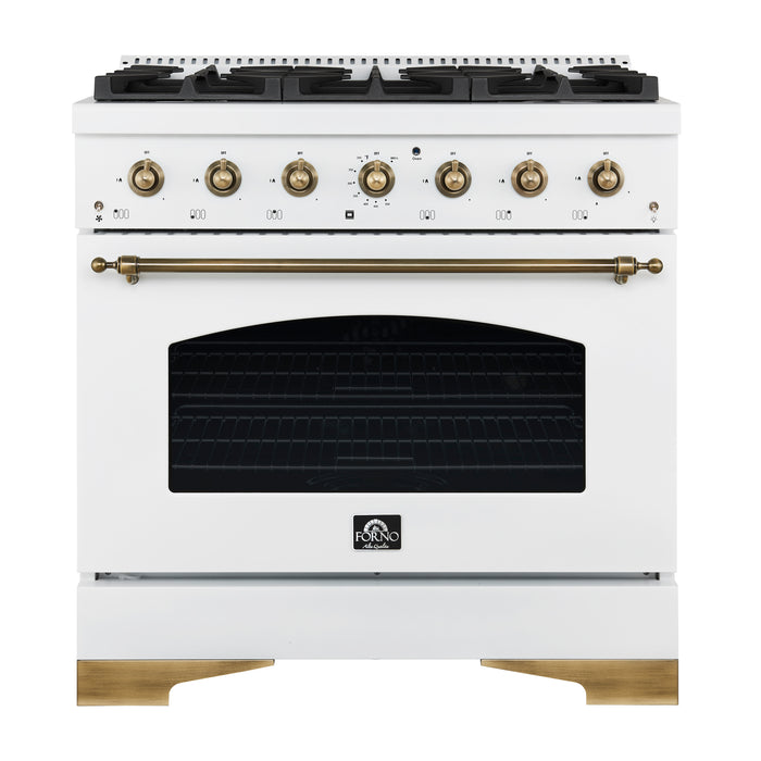 Forno Antico 36-inch Dual Fuel Range White and Antique Brass Design with 6 Sealed Gas Burners and Electric Convection Oven