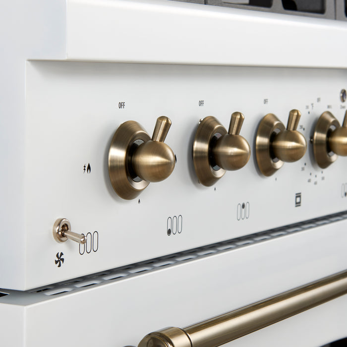 Forno Antico 36-inch Dual Fuel Range White and Antique Brass Design with 6 Sealed Gas Burners and Electric Convection Oven