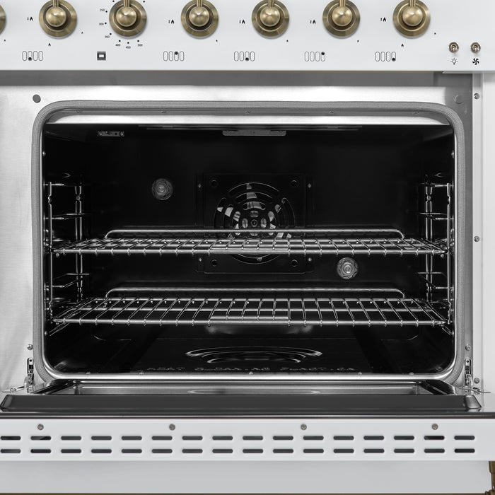 Forno Antico 48-Inch Dual Fuel Range, White with Antique Brass Finish, 8 Burners, 94,000 BTU, 5.5 cu.ft. Double Ovens & Griddle