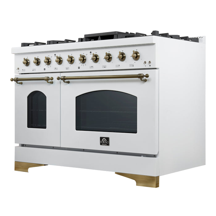 Forno Antico 48-Inch Dual Fuel Range, White with Antique Brass Finish, 8 Burners, 94,000 BTU, 5.5 cu.ft. Double Ovens & Griddle