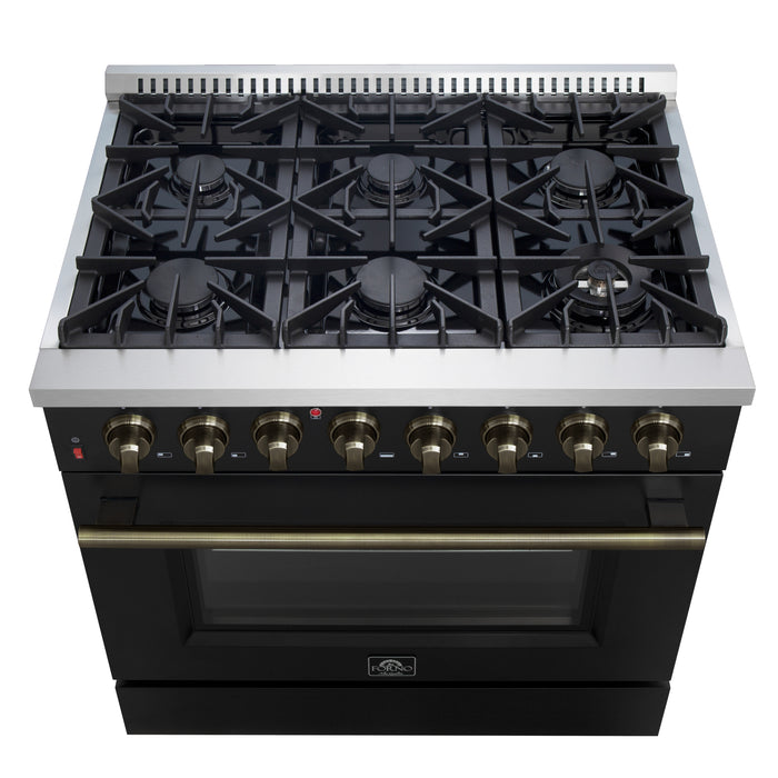 Forno Galiano 36-inch Dual Fuel Range in Black & Antique Brass Design, 6 Sealed Burners 83,000 BTU, 5.36 cu.ft. True Convection Oven