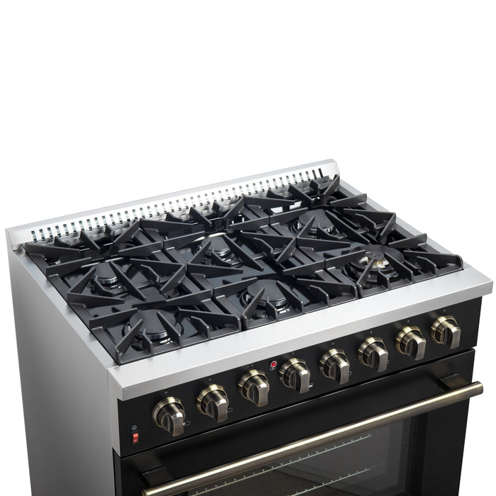 Forno Galiano 36-inch Dual Fuel Range in Black & Antique Brass Design, 6 Sealed Burners 83,000 BTU, 5.36 cu.ft. True Convection Oven