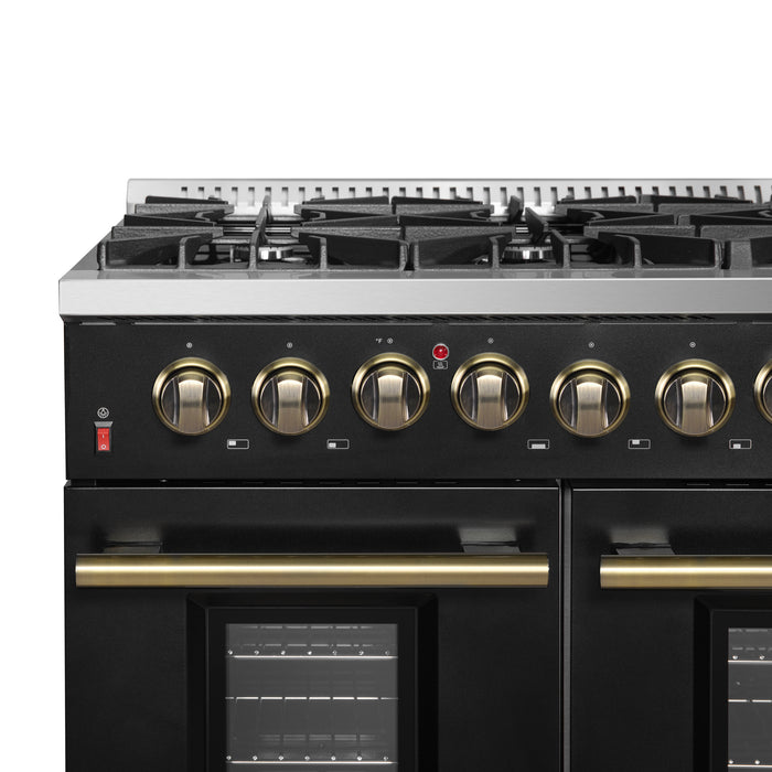 Galiano 48-inch Dual Fuel Range Black & Antique Brass Design with 8 Sealed Burners 107,000 BTU, 6.58 cu. ft. double ovens & Griddle