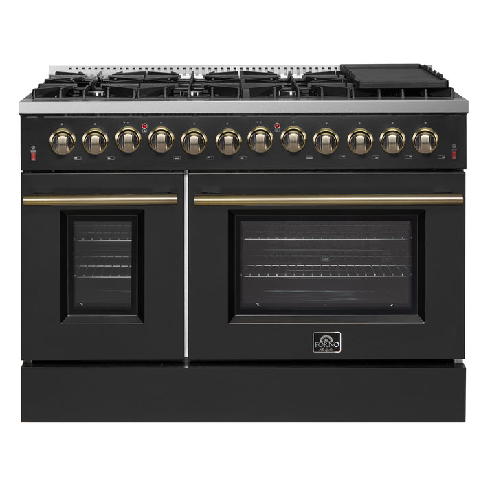 Galiano 48-inch Dual Fuel Range Black & Antique Brass Design with 8 Sealed Burners 107,000 BTU, 6.58 cu. ft. double ovens & Griddle