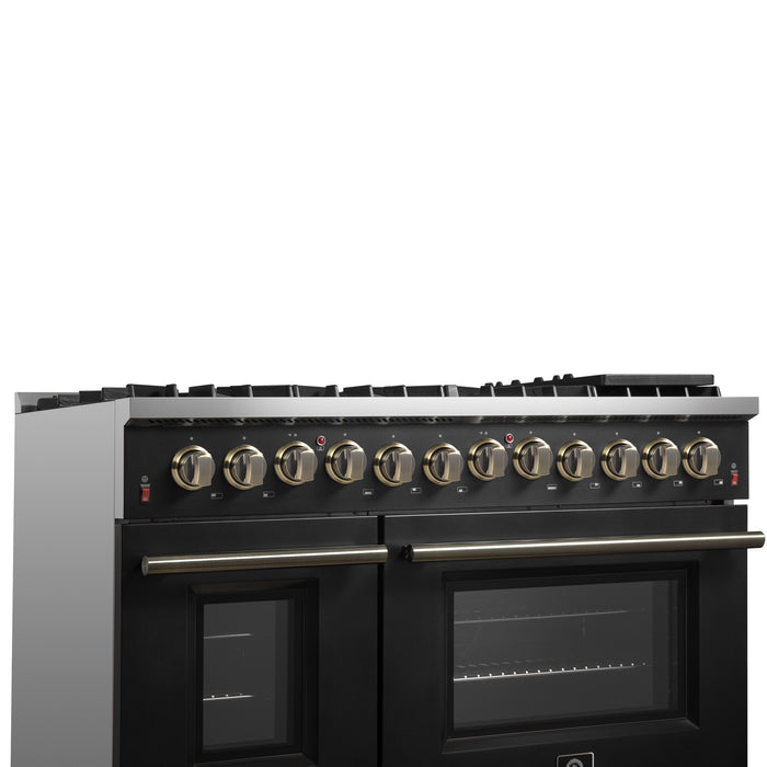 Galiano 48-inch Dual Fuel Range Black & Antique Brass Design with 8 Sealed Burners 107,000 BTU, 6.58 cu. ft. double ovens & Griddle