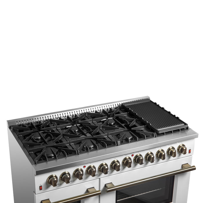 Galiano 48-inch Dual Fuel Range White & Antique Brass Design with 8 Sealed Burners 107,000 BTU, 6.58 cu. ft. double ovens & Griddle