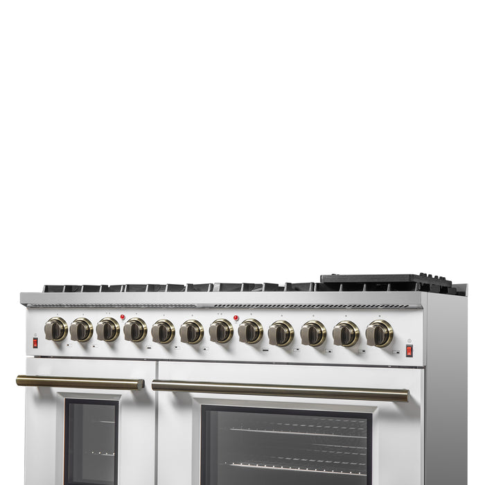 Galiano 48-inch Dual Fuel Range White & Antique Brass Design with 8 Sealed Burners 107,000 BTU, 6.58 cu. ft. double ovens & Griddle