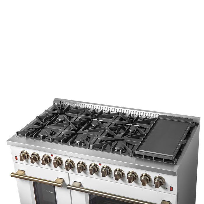 Galiano 48-inch Dual Fuel Range White & Antique Brass Design with 8 Sealed Burners 107,000 BTU, 6.58 cu. ft. double ovens & Griddle