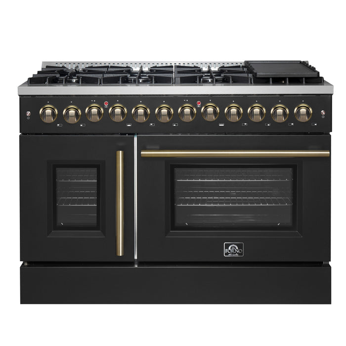 Forno Galiano 48-inch French Door Dual Fuel Range, Black & Antique Brass Design, 8 Sealed Burners - 107,000 BTU, Griddle, 6.58 cu.ft. Double Ovens