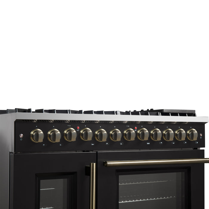 Forno Galiano 48-inch French Door Dual Fuel Range, Black & Antique Brass Design, 8 Sealed Burners - 107,000 BTU, Griddle, 6.58 cu.ft. Double Ovens