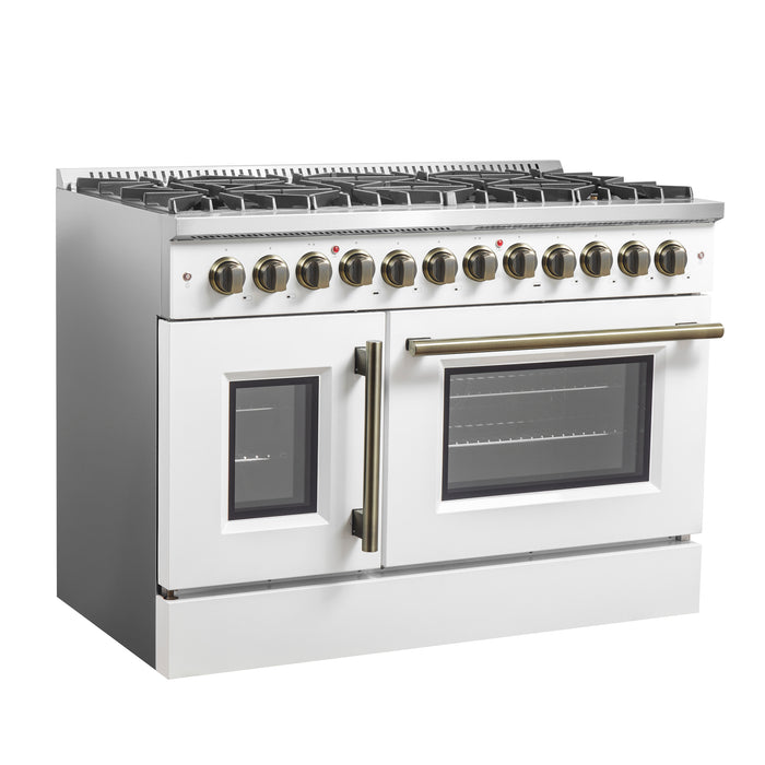 Forno Galiano 48-inch French Door Dual Fuel Range, White & Antique Brass Design, 8 Sealed Burners - 107,000 BTU, Griddle, 6.58 cu.ft. Double Ovens