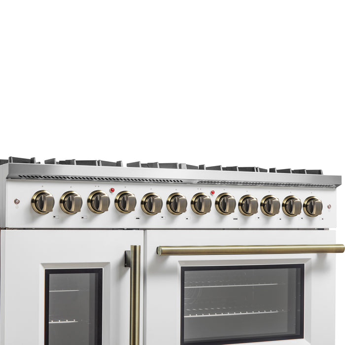 Forno Galiano 48-inch French Door Dual Fuel Range, White & Antique Brass Design, 8 Sealed Burners - 107,000 BTU, Griddle, 6.58 cu.ft. Double Ovens