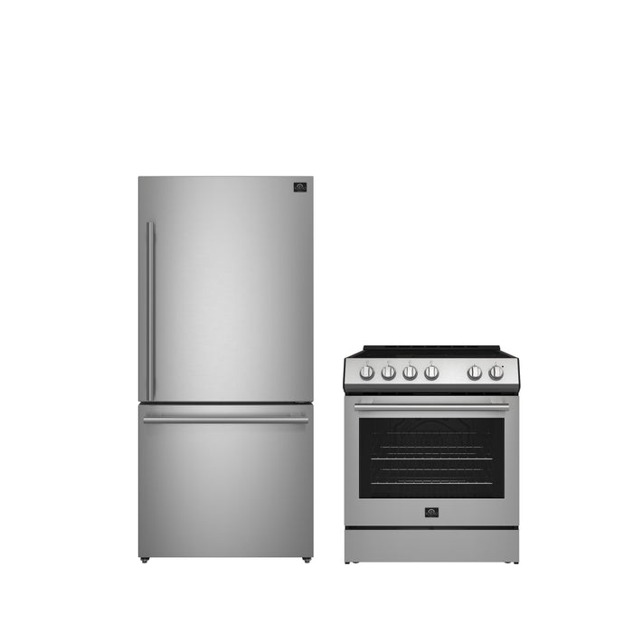 FORNO Premium 2-Piece Kitchen Bundle - Leonardo Espresso 30" Stainless Steel Range, 31" Stainless Steel Bottom Freezer Refrigerator - FBDL-003-01US