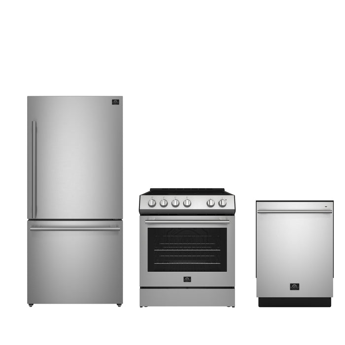 FORNO Premium 3-Piece Kitchen Bundle - 30" Electric Range, French Door Refrigerator, Built-In Dishwasher, Stainless Steel - FBDL-011-01US