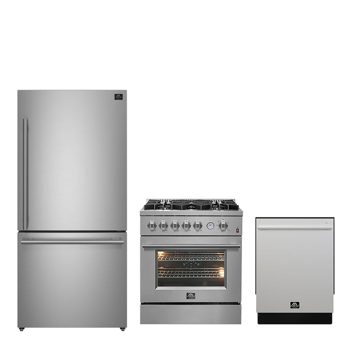 FORNO Premium 3-Piece Kitchen Bundle - 30" Gas Range, French Door Refrigerator, Built-In Dishwasher, Stainless Steel - FBDL-012-01CAUS