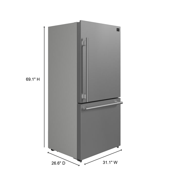 Forno Milano Espresso 31-Inch Bottom Freezer Refrigerator, Stainless Steel, 17.2 cu.ft Capacity, Right Swing Door, Energy Efficient