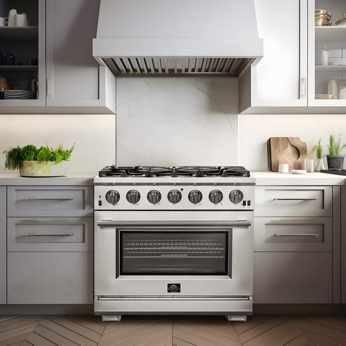 Forno Capriasca 36-Inch Gas Range, Stainless Steel, 6 Brass Burners, 120,000 BTU, Convection Oven, Energy Efficient