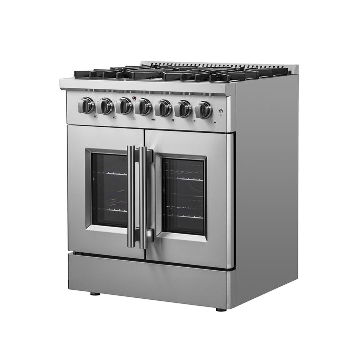 Forno Galiano 30-inch French Door Dual Fuel Range All Stainless Steel, 5 Sealed Burners 68,000 BTU, 4.32 cu.ft. True Convection Oven