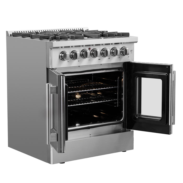 Forno Galiano 30-inch French Door Dual Fuel Range All Stainless Steel, 5 Sealed Burners 68,000 BTU, 4.32 cu.ft. True Convection Oven