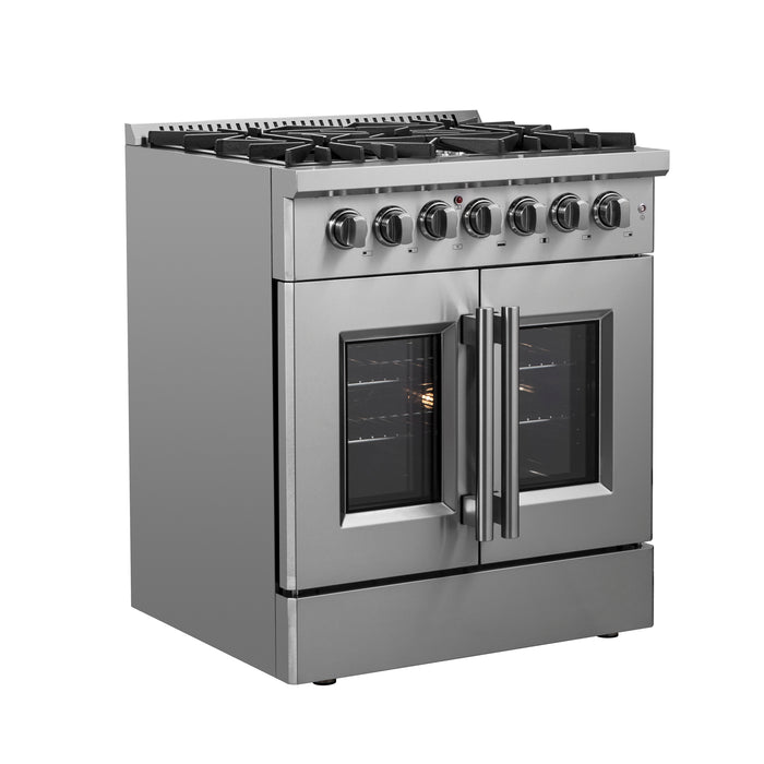 Forno Galiano 30-inch French Door Dual Fuel Range All Stainless Steel, 5 Sealed Burners 68,000 BTU, 4.32 cu.ft. True Convection Oven