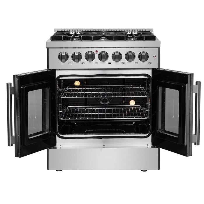 Forno Galiano 30-inch French Door Dual Fuel Range All Stainless Steel, 5 Sealed Burners 68,000 BTU, 4.32 cu.ft. True Convection Oven