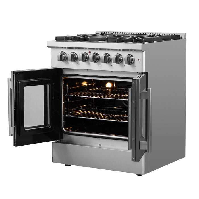 Forno Galiano 30-inch French Door Dual Fuel Range All Stainless Steel, 5 Sealed Burners 68,000 BTU, 4.32 cu.ft. True Convection Oven