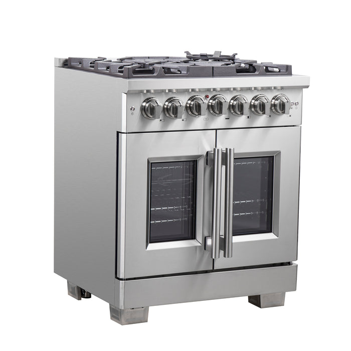 Forno Capriasca 30-Inch Freestanding French Door Dual Fuel Range, 4 Burners, True Convection Oven