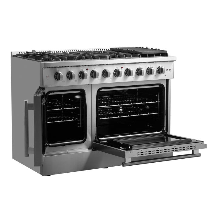 Forno Galiano 48-Inch Freestanding French Door Gas Range, 8 Burners, Griddle, Convection Oven, Energy Efficient