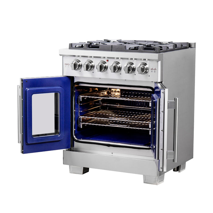 Forno Capriasca 30-Inch Freestanding French Door Gas Range, 4 Burners, Convection Oven, Energy Efficient