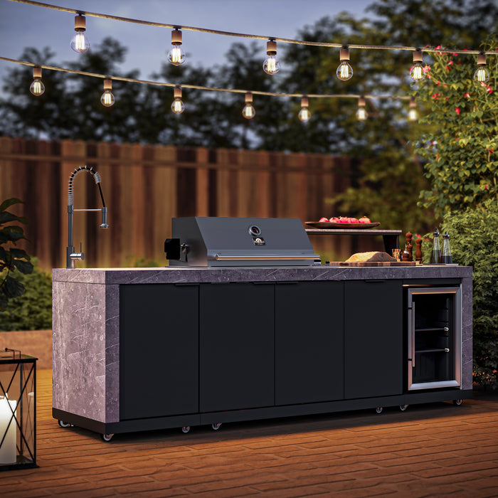 Forno Rimini Outdoor Kitchen 30" BBQ 62,600 BTU, 3 Burners with Sear & Rotisserie, 2.4 cu.ft. Beverage Center, Stainless Steel Sink, Black Cabinets & Gray Sintered Stone Countertop