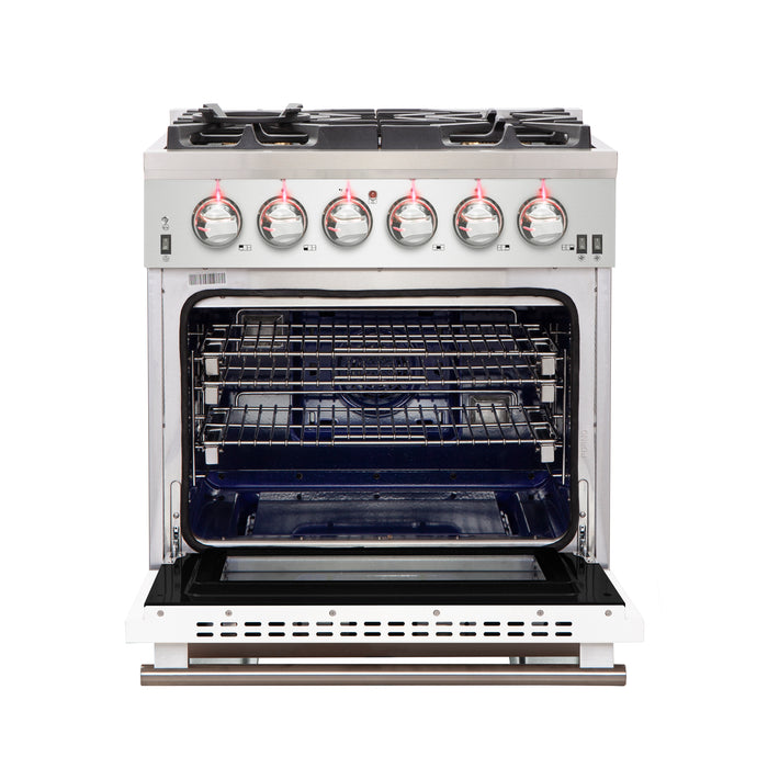 Forno Capriasca 30-Inch Freestanding Gas Range, 4 Burners, True Convection Oven