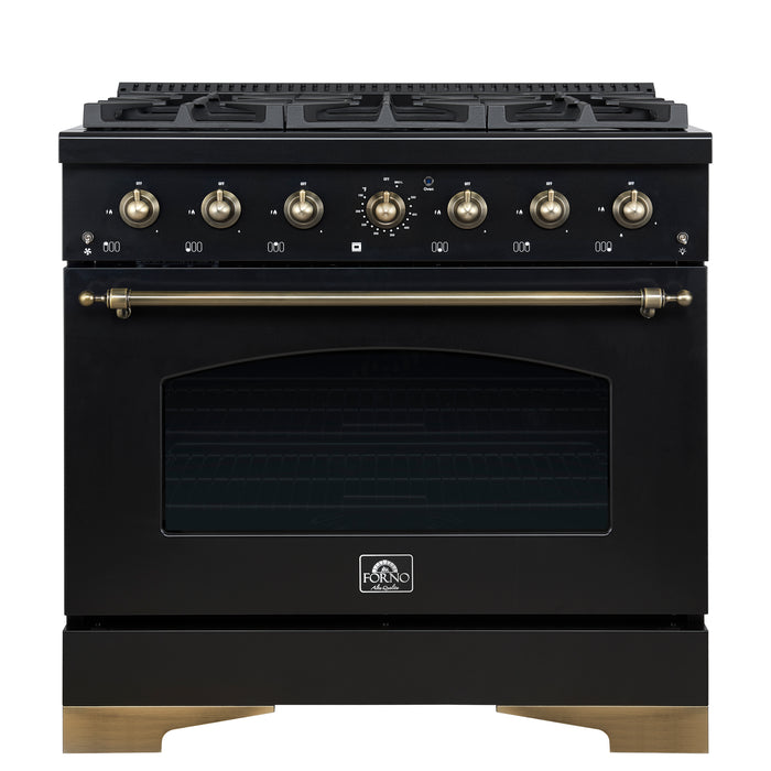 Forno Antico 36-Inch Freestanding Gas Range, Black, Antique Brass Design, 6 Burners, Convection Oven, Energy Efficient