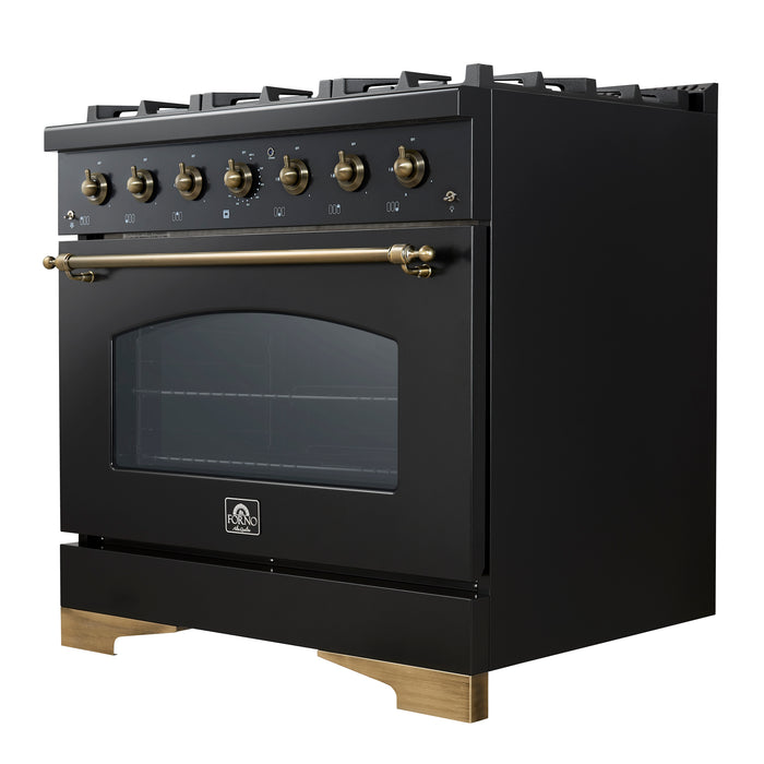 Forno Antico 36-Inch Freestanding Gas Range, Black, Antique Brass Design, 6 Burners, Convection Oven, Energy Efficient