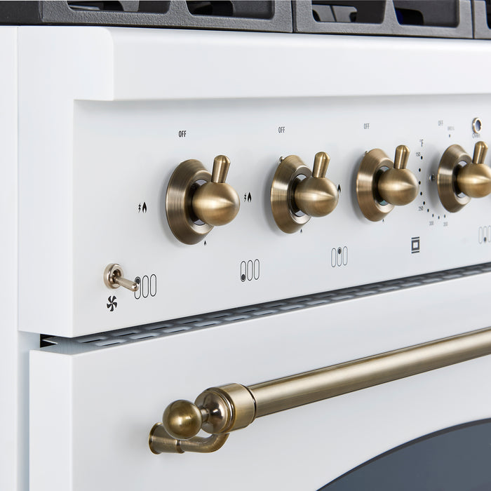 Forno Antico 36-Inch Freestanding Gas Range, White, Antique Brass Design, 6 Burners, Convection Oven, Energy Efficient