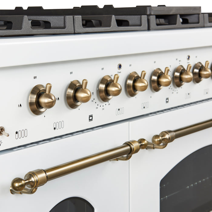 Forno Antico 48-Inch Freestanding Gas Range, White, Antique Brass Design, 8 Burners, Griddle, Double Ovens, Energy Efficient