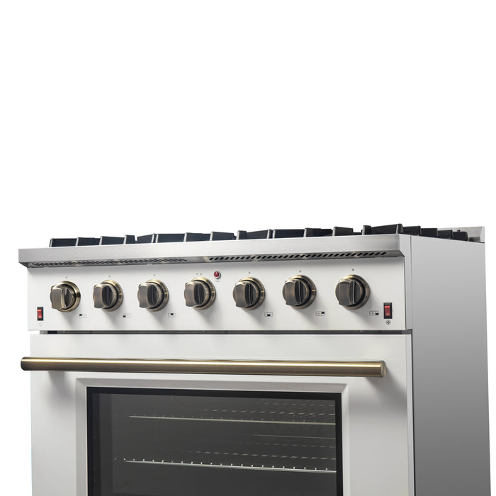 Forno Galiano 36-inch Freestanding Gas Range in White with Antique Brass Design, 6 Burners, 83,000 BTU, 5.36 cu.ft. Convection Oven