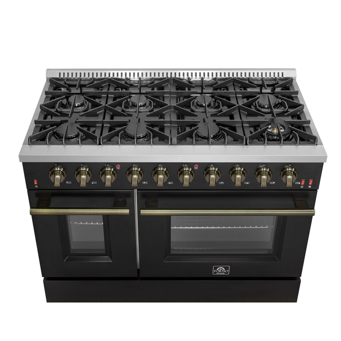 FORNO Galiano 48-inch Gas Range Black & Antique Brass Design, 8 Burners, 107,000 BTU, Griddle, 6.58 cu.ft. Double Ovens