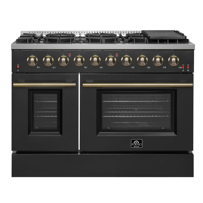 FORNO Galiano 48-inch Gas Range Black & Antique Brass Design, 8 Burners, 107,000 BTU, Griddle, 6.58 cu.ft. Double Ovens