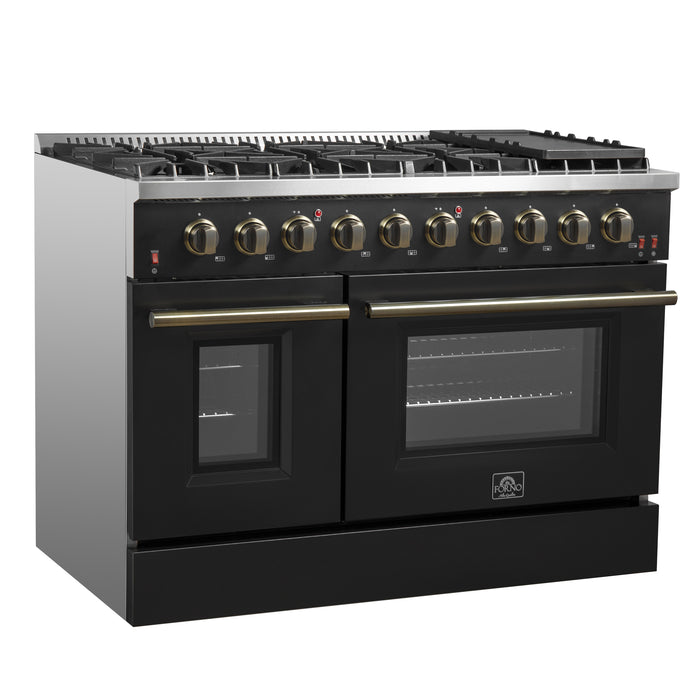 FORNO Galiano 48-inch Gas Range Black & Antique Brass Design, 8 Burners, 107,000 BTU, Griddle, 6.58 cu.ft. Double Ovens