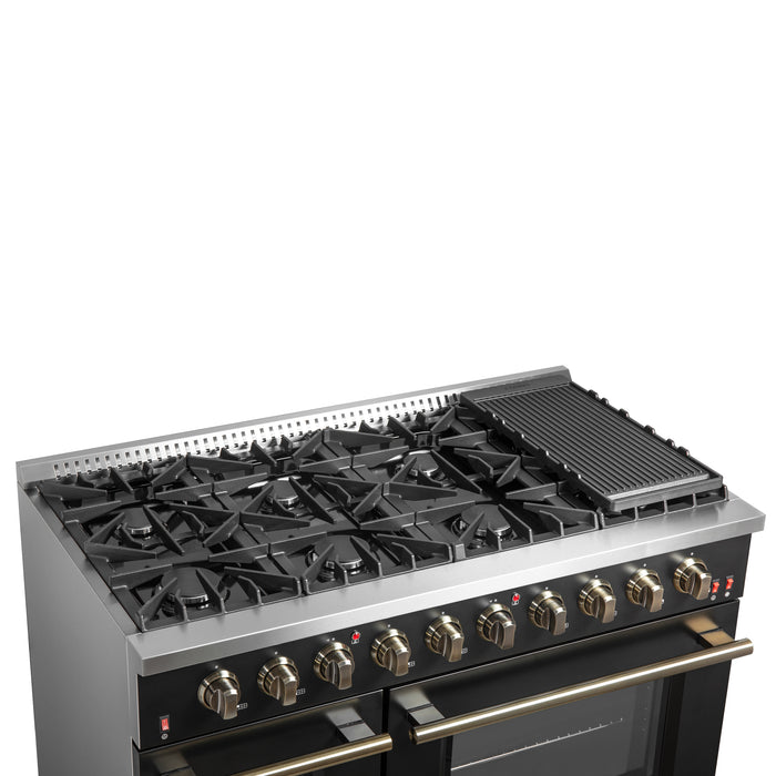 FORNO Galiano 48-inch Gas Range Black & Antique Brass Design, 8 Burners, 107,000 BTU, Griddle, 6.58 cu.ft. Double Ovens